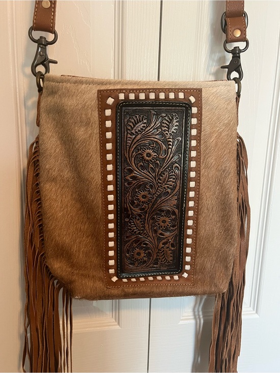 Myra Bag Handbags - Myra Bag Brown Hair-on-Hide Crossbody with Tooled Leather Panel and Fringe